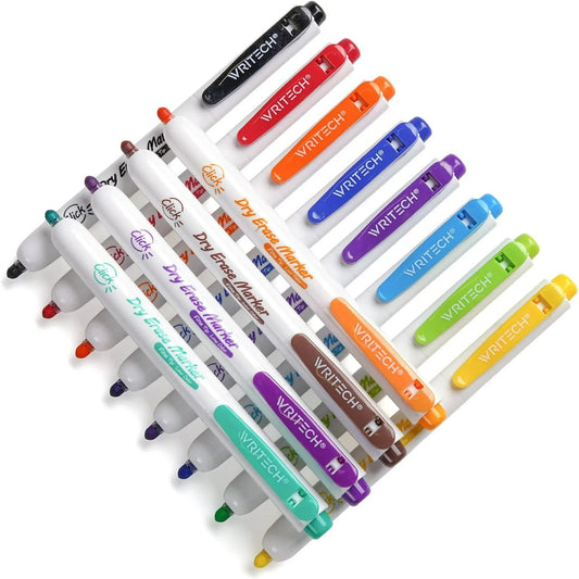 WRITECH Retractable Dry Erase Markers: Fine Tip Assorted Colors Low Odor Multi Colored Set Kid Adult Refillable Clickable Multicolor Thin Point Whiteboard Marker Bulk 12ct No Bleed Smear