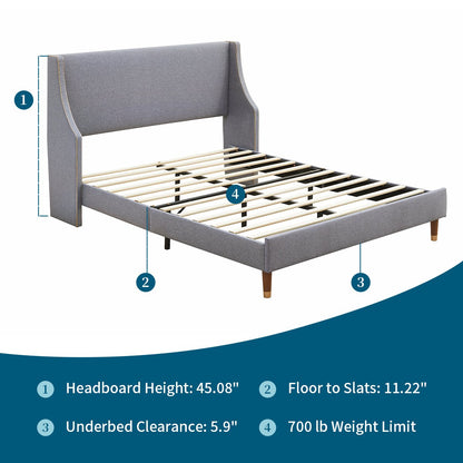 Queen Size Bed Frame, Platform Bed Frame with Upholstered Headboard, Modern Deluxe Wingback, Wood Slat Support, Mattress Foundation