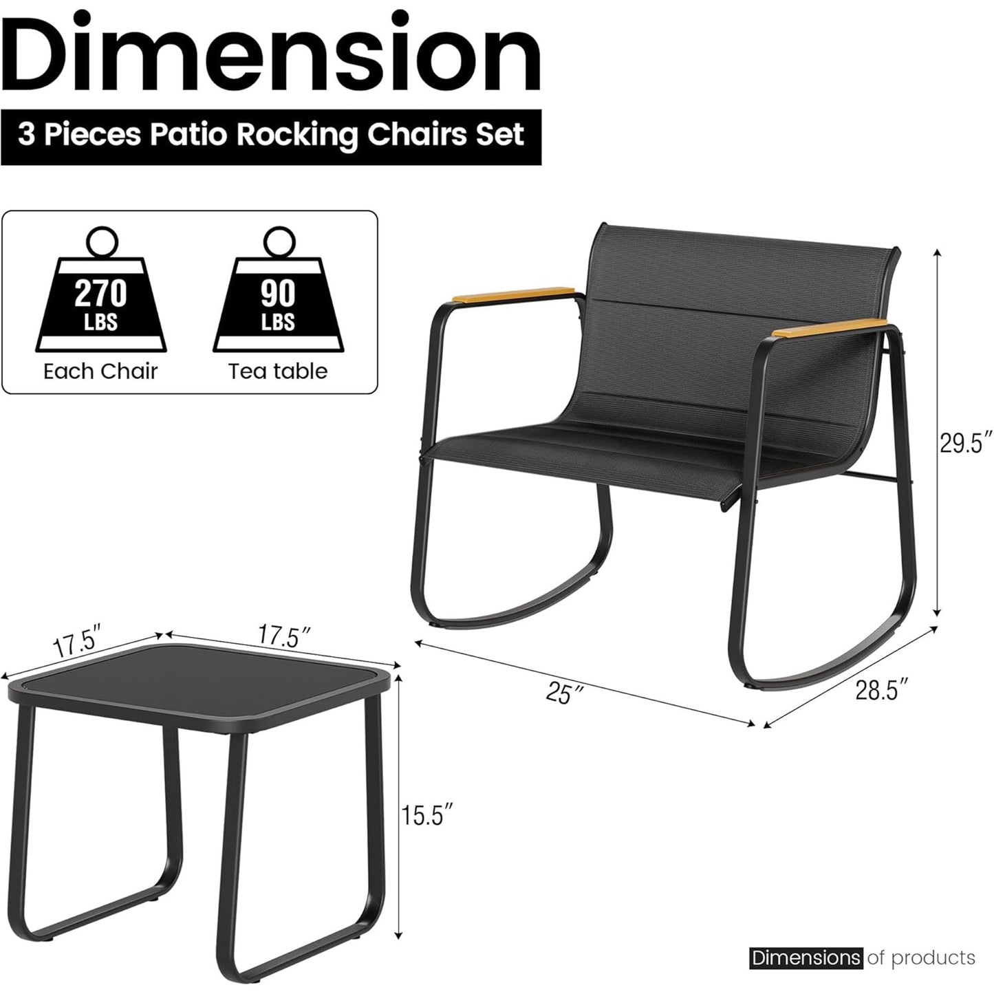 ELPOSUN 3 Pieces Patio Set Patio Furniture Set, Outdoor Rocking Chair with coffeTable, Thick Padded Morden Rocking Bistro Sets Conversation sets (Black)