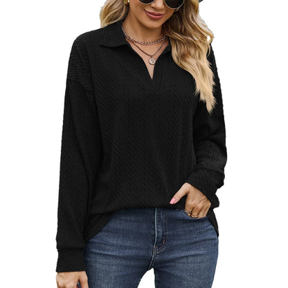 SHIBEVER Womens Fall Tops V Neck Long Sleeve Shirts Casual Tunic Tops Henley T shirts Lapel Collar Blouses Loose Fit Fashion Pullover Solid Color Black Size XL