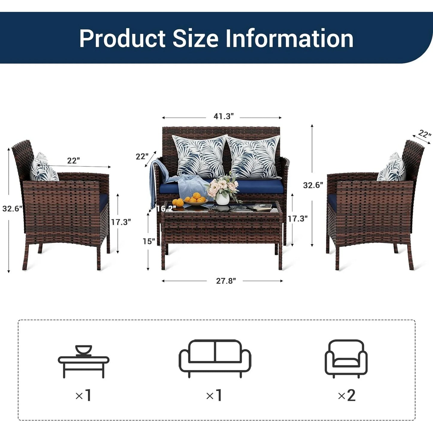 ELPOSUN Patio Furniture 4 Pieces Outdoor Wicker Rattan Chair Balcony Conversation Sets Porch Furniture Sectional Loveseat w Cushions and Table for Backyard Pool Garden (Brown-Blue)