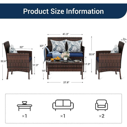 ELPOSUN Patio Furniture 4 Pieces Outdoor Wicker Rattan Chair Balcony Conversation Sets Porch Furniture Sectional Loveseat w Cushions and Table for Backyard Pool Garden (Brown-Blue)