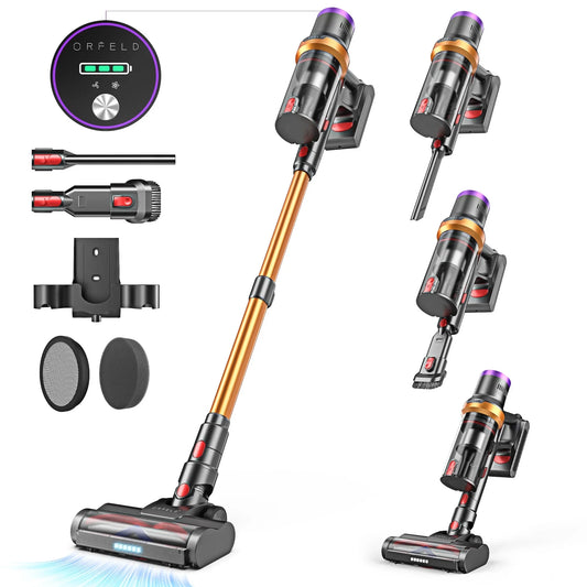 ORFELD Cordless Vacuum Cleaner， 45mins 300W 25kap Rechargeable Stick Vacuum for Carpet Hardwood Floor Pet Hair，Gold，SV30