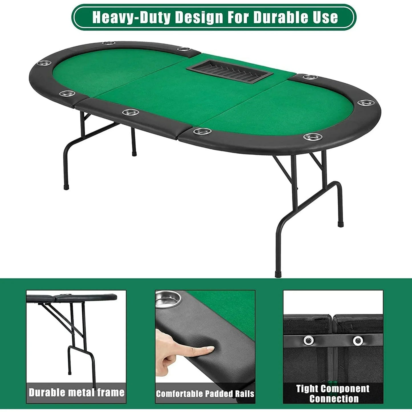 HOMHUM Game Poker Table w/Stainless Steel Cup Holder Casino Leisure Table for 9 Players, Green Felt