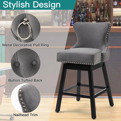 Homhum 29-Inch Bar Stools Set of 2, 360° Swivel and Wood Legs, Fabric Island Chairs - Gray