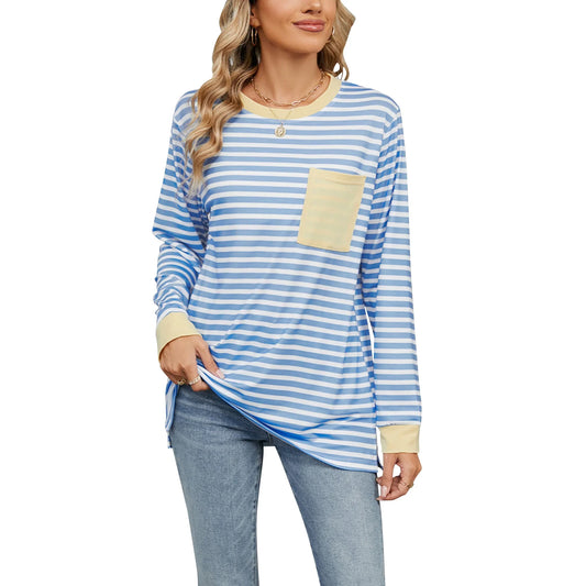 SHIBEVER women sweatshirt Striped Oversized top Long Sleeve Crewneck Hoodies Shirts 2024 Fall Pullover Top Trendy Preppy Clothes Blue white L