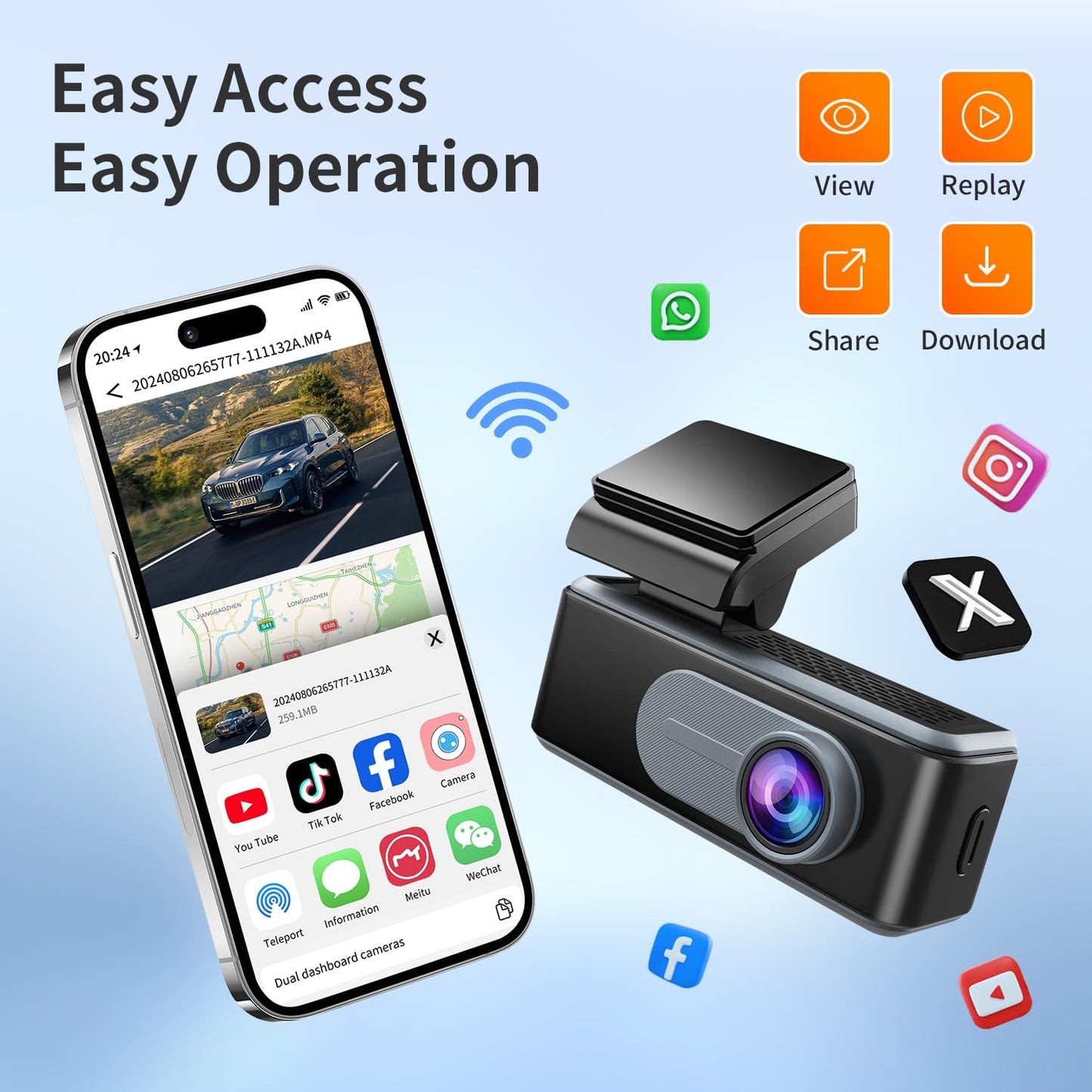 NEX-POW Dash Cam Front Rear, 4k+1080P WiFi Dual Dash Cam with APP