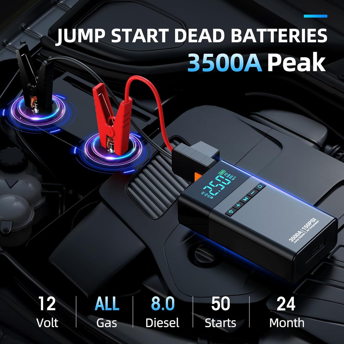 NEX-POW Car Jump Starter with Air Compressor, 12V 4000A 150PSI Jump Starter Battery Pack with Flashlight and Jumper Cable