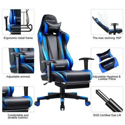 GTRACING Gaming Chair with Footrest Ergonomic Reclining Office Chair Swivel Rocker, Blue