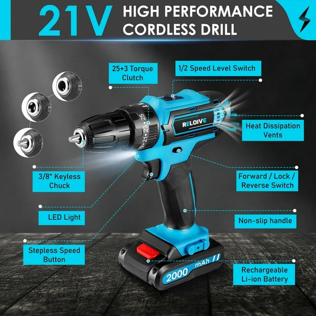 RELOIVE Cordless Drill, 21V Power Drill Set with 2Ah Battery, 3/8"Keyless Chuck, 25+1 Position Electric Drill, 2-Speed Transmission For Screwdriving And Drilling, RED