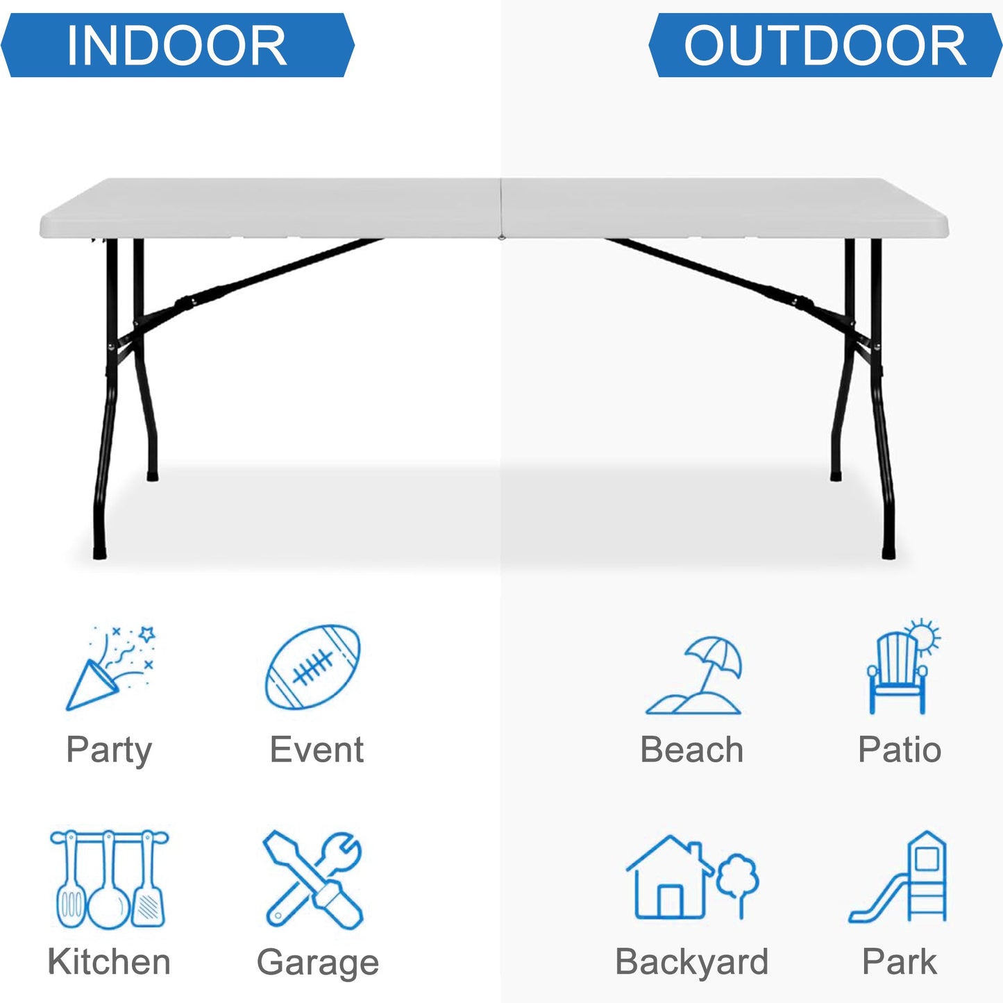 6 Foot Folding Table,Fold-in-Half Plastic Table,Indoor Outdoor Picnic Party Dining Camp Tables,White