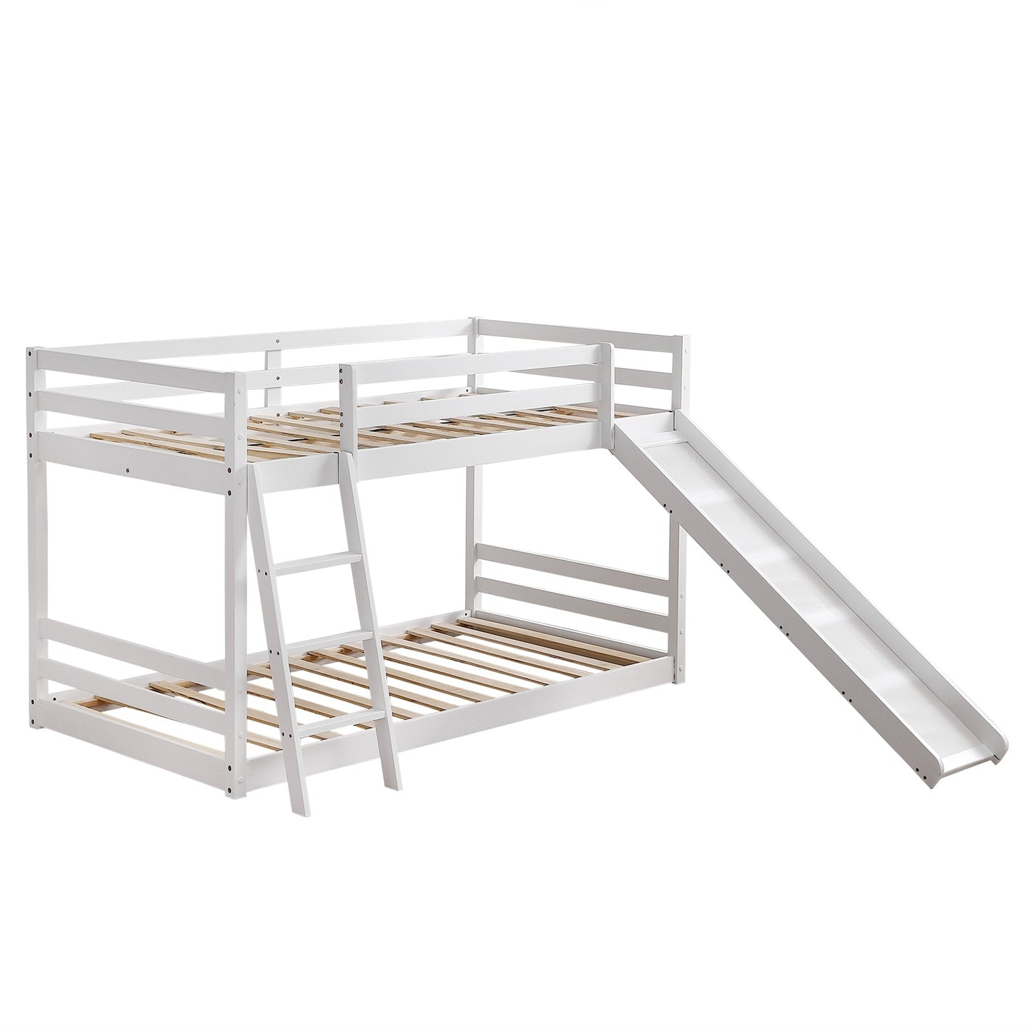 Zimtown Bunk Bed Twin Over Twin,Kids Low Floor Bunk Bed with Slide for Children Boys Girls Dormitory Bedroom,No Box Spring Needed,White