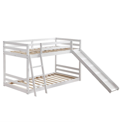 Zimtown Bunk Bed Twin Over Twin,Kids Low Floor Bunk Bed with Slide for Children Boys Girls Dormitory Bedroom,No Box Spring Needed,White