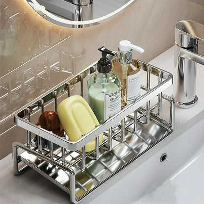 Sponge Holder for Kitchen Sink, Stainless Steel Silver Sink Caddy with High Brush Holder, Organzier Rustproof Dish Organizer, Soap Dispenser Storage, Kitchen Accessories for Organization