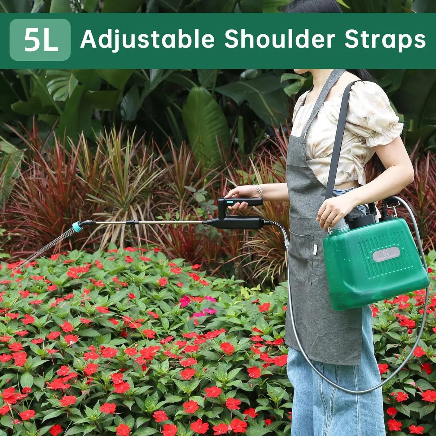 Upgrade Powerful Electric Garden Sprayer with 4 Mist Nozzles, 1.35 Gal Lawn Battery Powered Sprayer with USB Rechargeable Handle and Telescopic Wand, with Shoulder Strap for Gardening Green