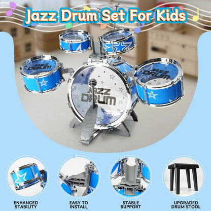 JUGAAD LIFE Kids Drum Set 10-Piece Beginners Jazz Drum Set with Stools, Toddler Toys for Boys Girls Kids 3-14 Years Old