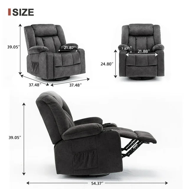 Comhoma Massage Recliner Chair 37.48" Wide 360° Swiveling Sofa Heated Massage Rocker, Gray