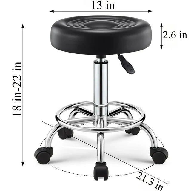 OUTMASTER Rolling Stool with Footrest PU Leather Height Adjustable for Salon Shop (Black)