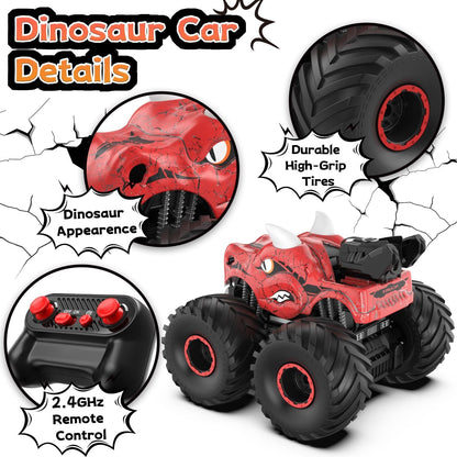 JUGAAD LIFE Dinosaur Remote Control Car 2.4GHz RC Monster Trucks for Boys Girls with Light, Sound & Spray, Dinosaur Toys Christmas Gift for Kids 3 4 5 6 7 8 Years Old-Red