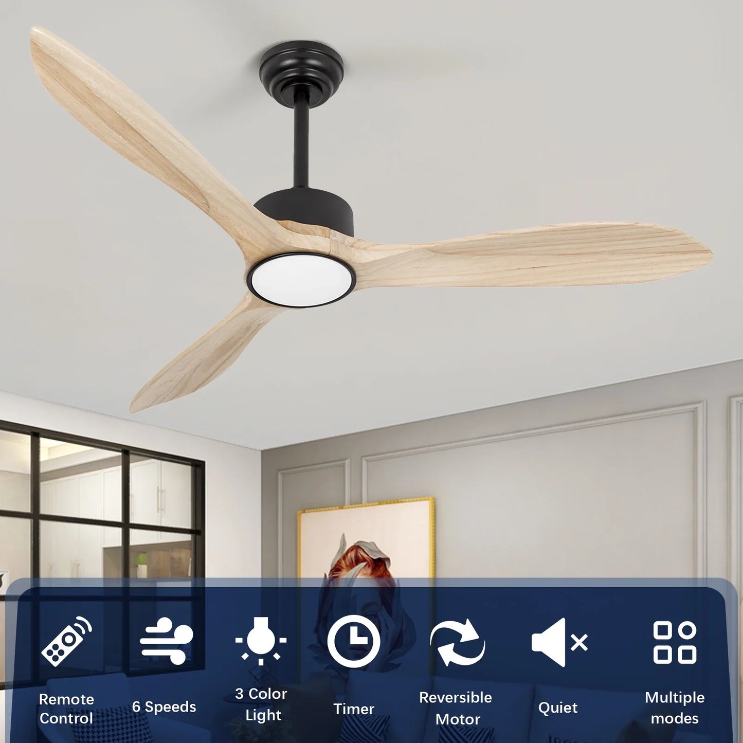 Wozzio 52 inch Ceiling Fan with Light and Remote, 3CCT Dimmable LED Light, 3 Reversible Natual Wood Blades,Indoor & Outdoor