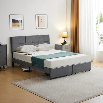 Zimtown Queen Size Platform Bed Frame with 2 Drawers, Fabric Upholstered Headboard, No Box Spring Needed, Gray