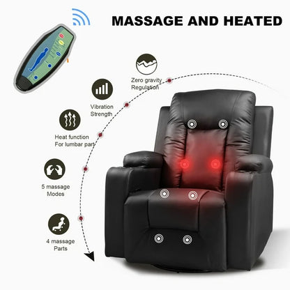 COMHOMA Swivel Rocker Recliner Chair,, 35.8" Wide PU Leather Rocking Sofa with Heated Massage, Black