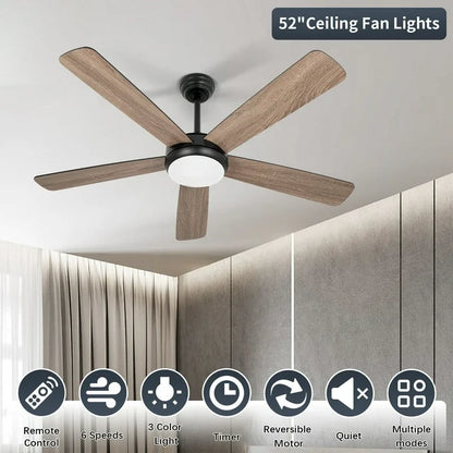 Wozzio 52 inch Ceiling Fan with Light and Remote,DC Motor,3CCT Dimmable LED Light,5 Reversible Solid Wood Blades,Indoor & Outdoo