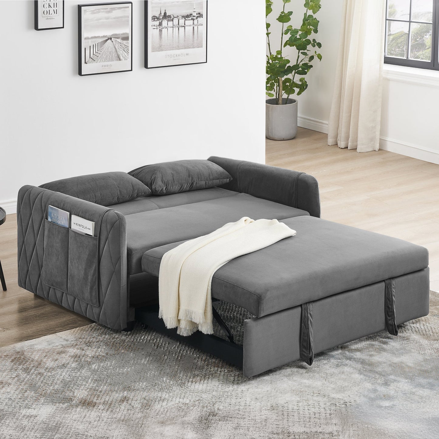 3 in 1 Convertible Sleeper Sofa Bed,55" Modern Velvet Pull Out Sofa Bed with 2 Pillows and 2 Detachable Pockets,Upholstered Loveseat Sofa Couch with Adjustable Backrest for Living Room Office,Gray