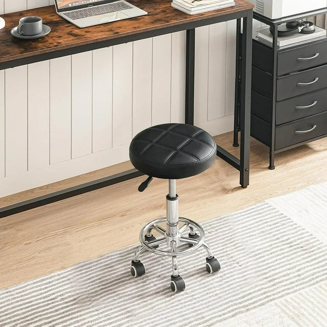 OUTMASTER Rolling Stool with Footrest PU Leather Height Adjustable for Home Salon Shop (Black)