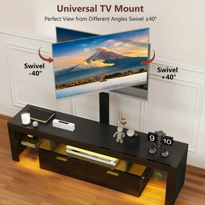 Anrist Modern TV Stand with Mount Swivel LED Lights Entertainment Center for 65 inch TVs Glass Shelves for Living Room,Black