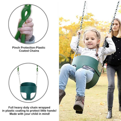 JUGAAD LIFE Toddler Swing Seat High Back Full Bucket Baby Swing with Coated Chain Pinch Protection and Carabiners for Easy Install Swing Sets for Outside Outdoor Playsets - Green