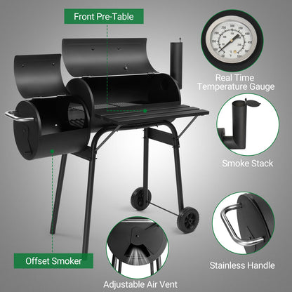 BBQ Charcoal Grill Outdoor Barbecue Pit with Offset Smoker Patio Backyard,Iron,Black