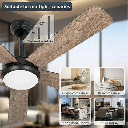 Wozzio 52 inch Ceiling Fan with Light and Remote,DC Motor,3CCT Dimmable LED Light,5 Reversible Solid Wood Blades,Indoor & Outdoo