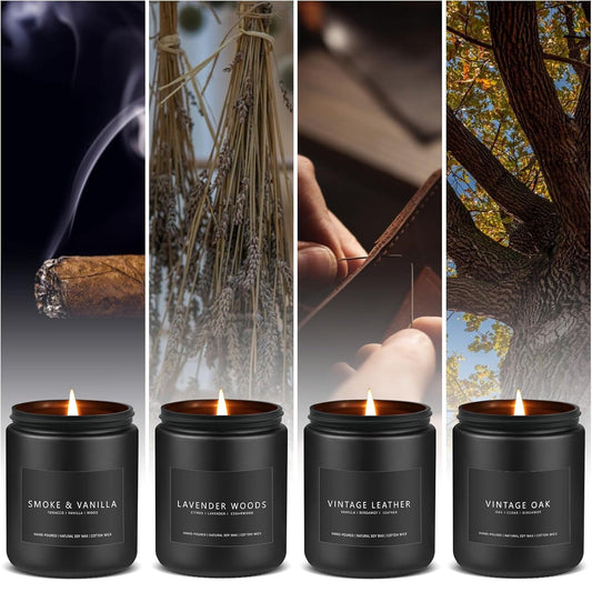 Scented Candles Set | Men Candle Set, Scented Candles for Home, Gifts for Men - 4 Pack Men Candle Gifts Soy Candles Scents of Lavender/Leather/Oak/Smoke & Vanilla