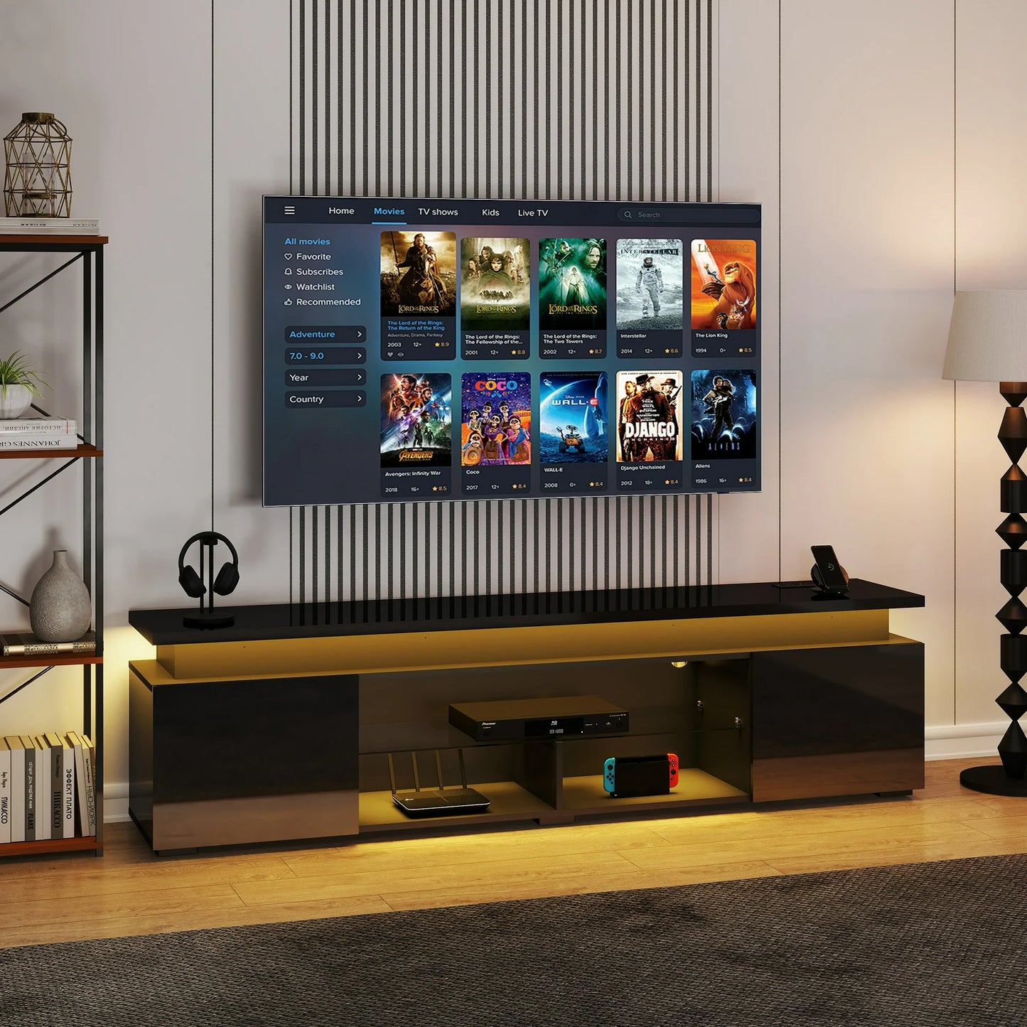 Anrist Modern TV Stand for 85 inch TVs with LED Lights Power Outlet Entertainment Center Media Console for Living Room,Black