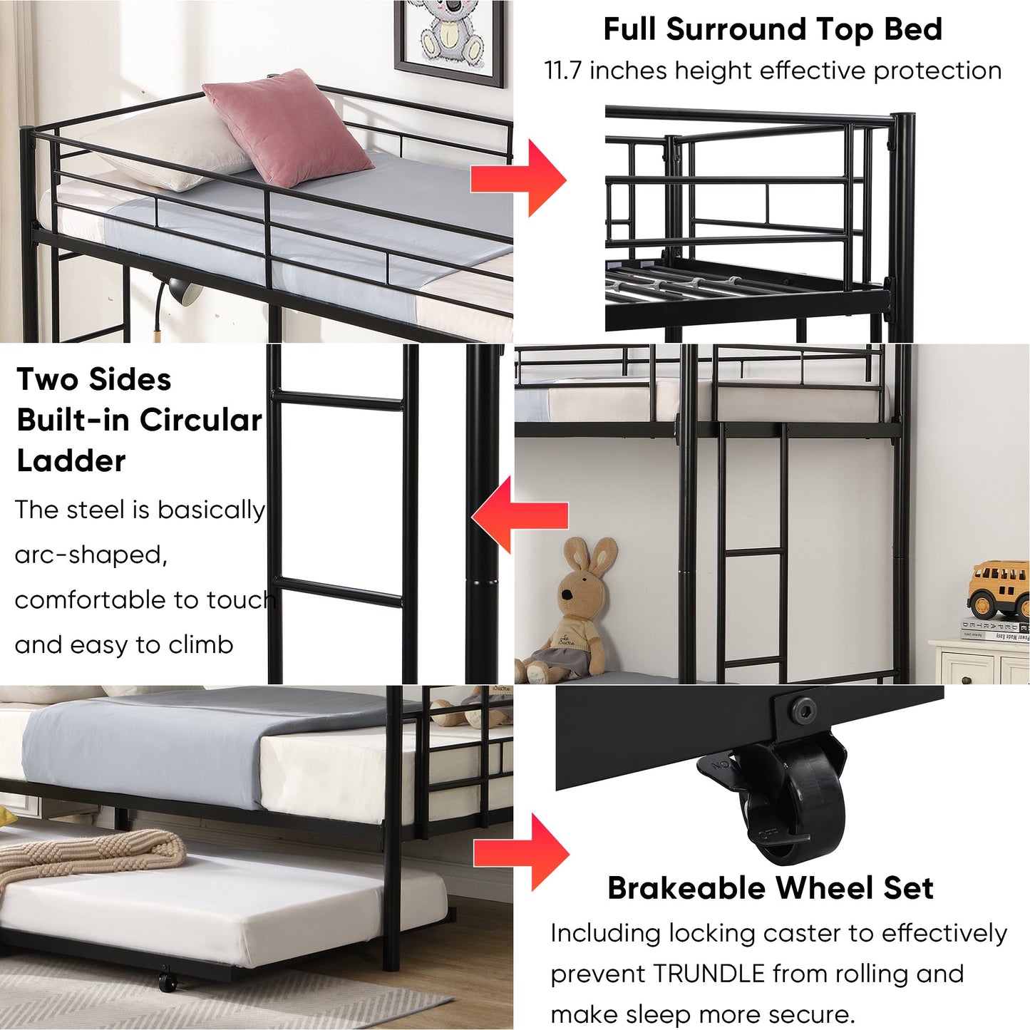 Twin over Twin Bunk Bed with Trundle, Heavy Duty Metal Bed Frame Sturdy Guard Rail and 2 Side Ladders for Kids/Adults,Can be Divided Into Two Beds,Black