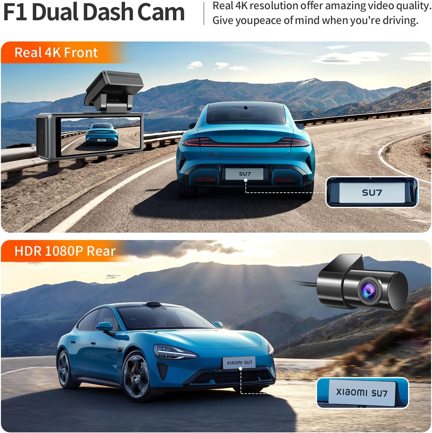 NEX-POW Dash Cam Front Rear, 4k+1080P WiFi Dual Dash Cam with APP