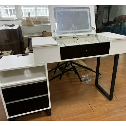 Anrist Makeup Vanity Desk, Modern Dressing Table with Flip-top Mirror,LED Light and Power Outlet for Bedroom, White