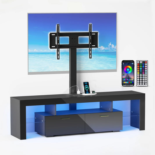 Anrist Modern TV Stand with Mount Swivel LED Lights Entertainment Center for 65 inch TVs Glass Shelves for Living Room,Black