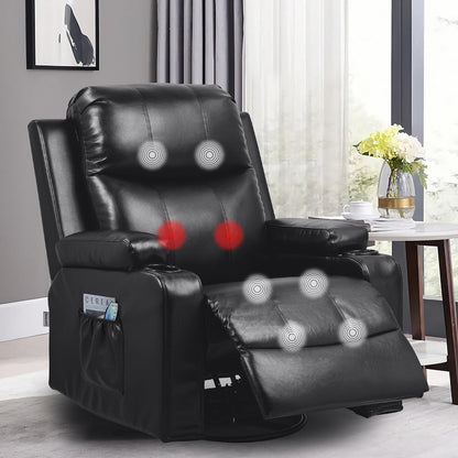 COMHOMA Recliner Chair with Heat and Massage, PU Leather Swivel Rocking Sofa for Living Room, Black