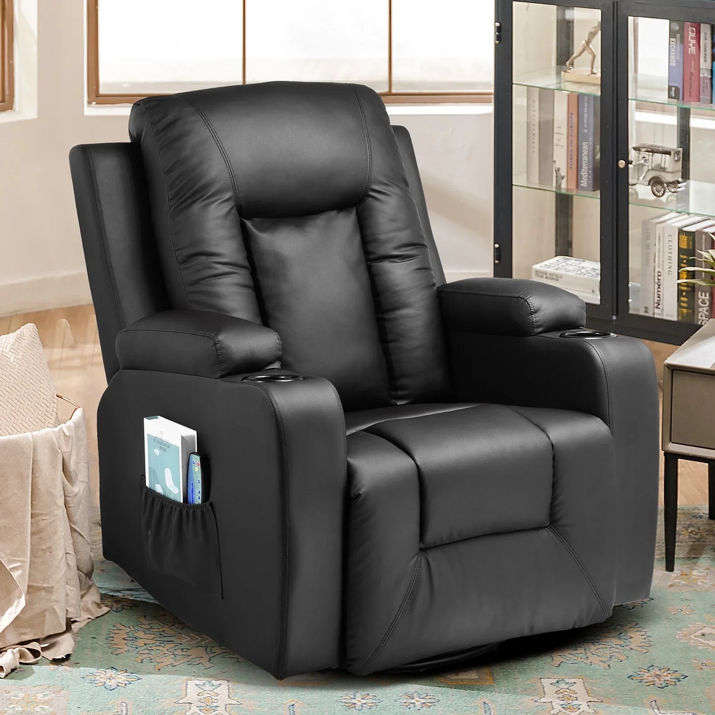 COMHOMA Swivel Rocker Recliner Chair,, 35.8" Wide PU Leather Rocking Sofa with Heated Massage, Black