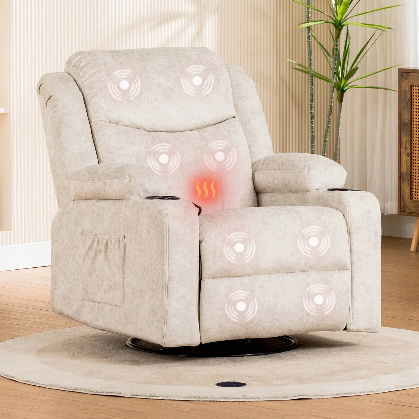 COMHOMA Swivel Rocker Recliner Chair with Heat and Massage, 31.89" Wide Rocking Sofa Home Recliner for Living Room Home Theater Office, Cream White