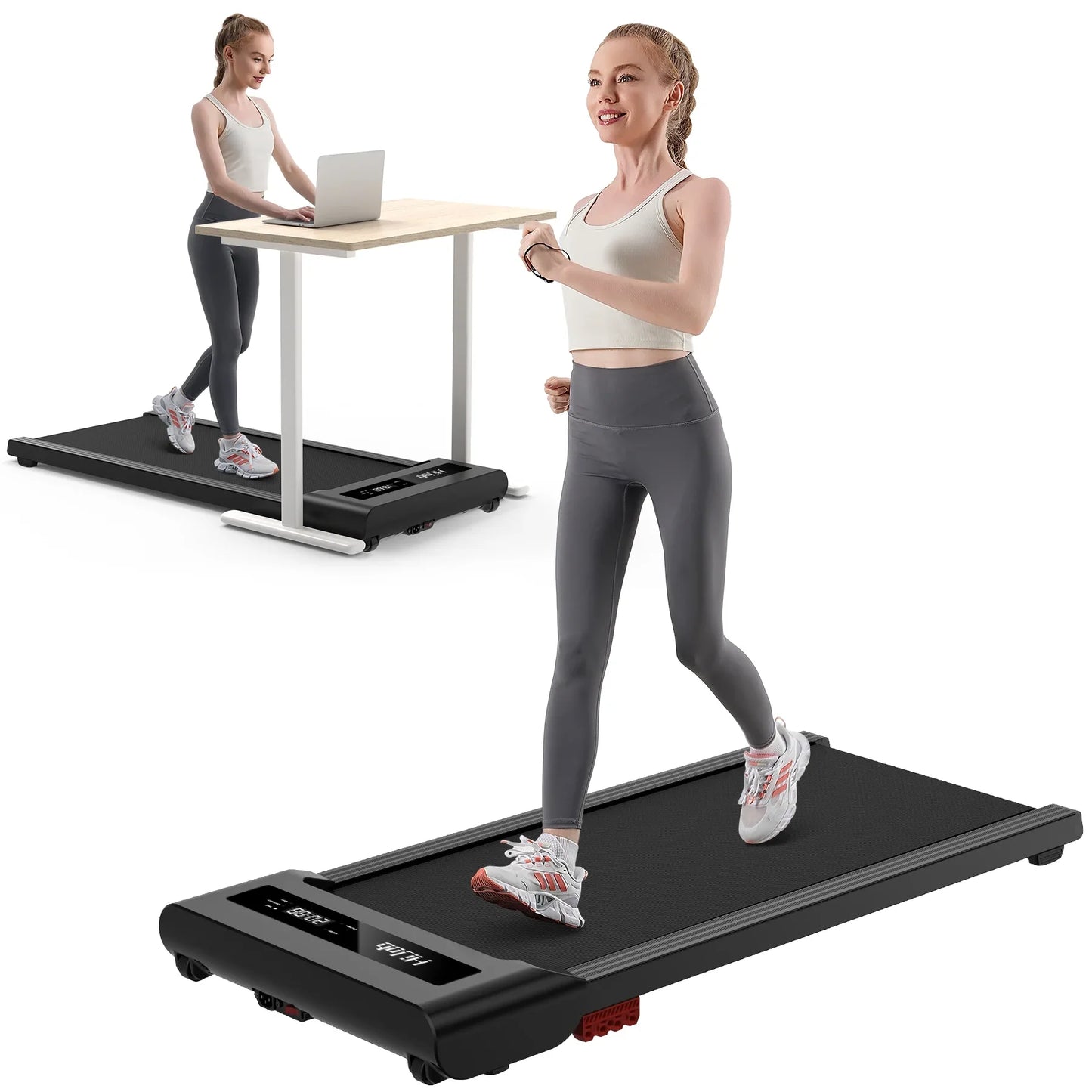 HIJOB Walking Pad, 2 in 1 Under Desk Treadmills for Home Office, Portable Walking Pad Treadmill with Remote Control, LED Display, Black