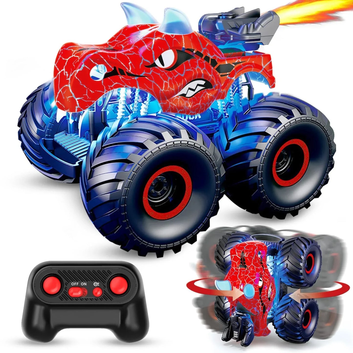 JUGAAD LIFE Dinosaur Remote Control Car 2.4GHz RC Monster Trucks for Boys Girls with Light, Sound & Spray, Dinosaur Toys Christmas Gift for Kids 3 4 5 6 7 8 Years Old-Red