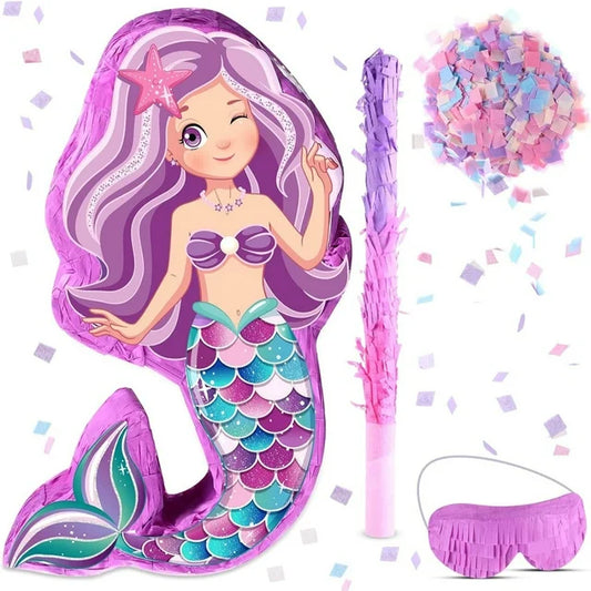 JUGAAD LIFE Mermaid Pinata - Mermaid Party Supplies Pinata Bundle with Blindfold and Bat for Girls Kids Birthday Party Game Decorations