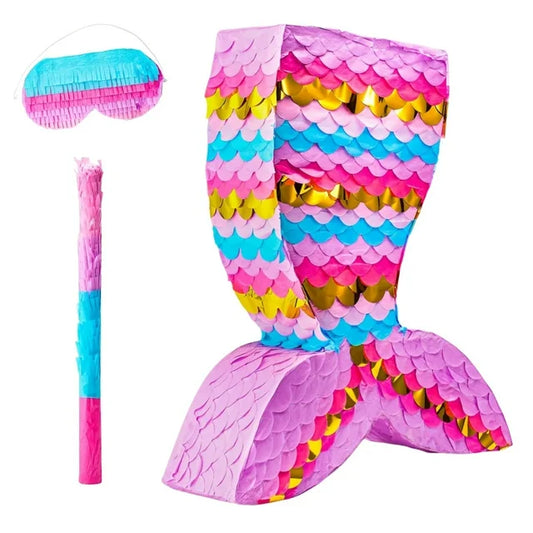 JUGAAD LIFE Mermaid Pinata, Mermaid Tail Party Supplies Pinata Bundle with Blindfold and Bat for Girls Kids Birthday Party Game Decorations