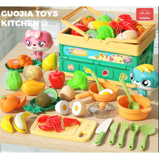 JUGAAD LIFE Play Food Set for Kids Kitchen, Pretend Play Food Toy with Basket, Cutting Food Fruits and Vegetables Toys, Christmas Birthday Gift for Toddlers Girls Boys