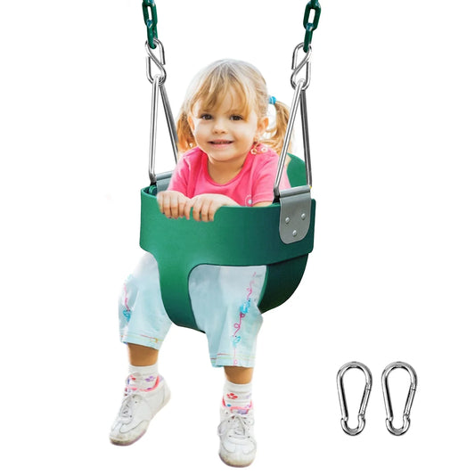 JUGAAD LIFE Toddler Swing Seat High Back Full Bucket Baby Swing with Coated Chain Pinch Protection and Carabiners for Easy Install Swing Sets for Outside Outdoor Playsets - Green