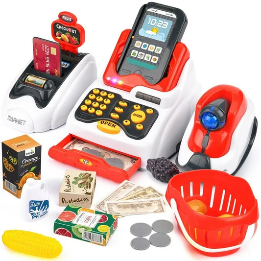 JUGAAD LIFE Toy Cash Register for Kids, with Checkout Scanner,Fruit Card Reader, Credit Card Machine, Play Money and Food Shopping Play Set, Pretend Play Learning Toys for Boys Girls Toddlers