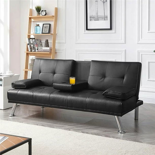 Modern Faux Leather Futon with Cupholders and Pillows, Black